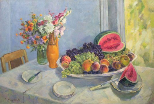 "Still life. Watermelon, grapes, marigolds"