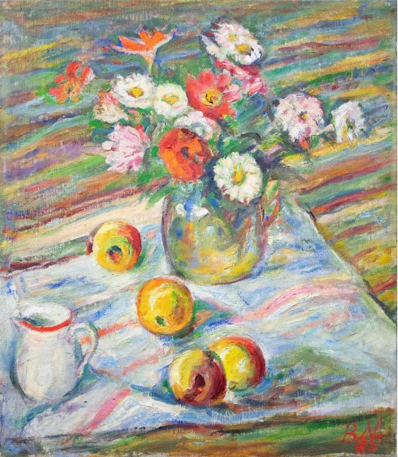 "Still life, flowers and apples"