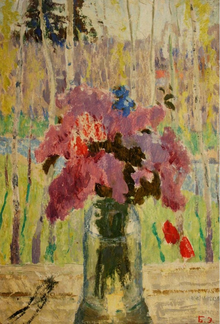 "Lilac on birch background"