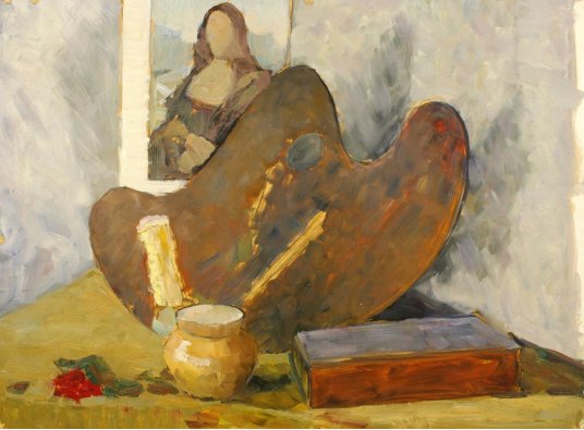 "Still life with palette and reproduction"