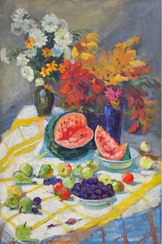 "Still life fruit and flowers"