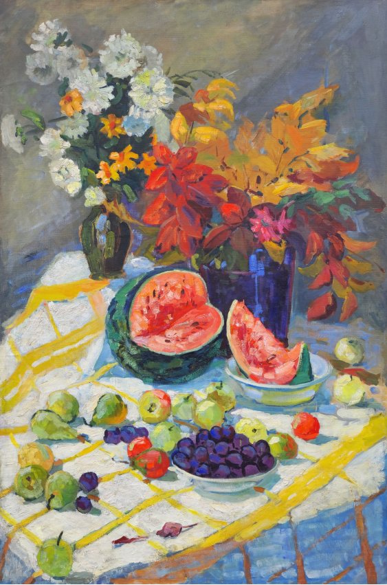 "Still life fruit and flowers"