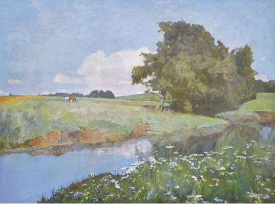 "The river flows through the field"