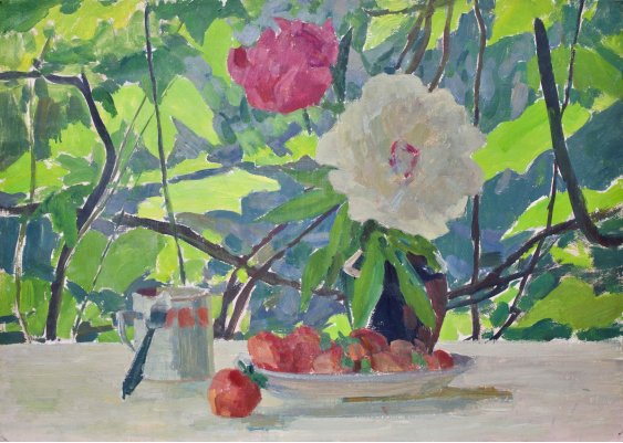 "Still life with peonies and strawberries"