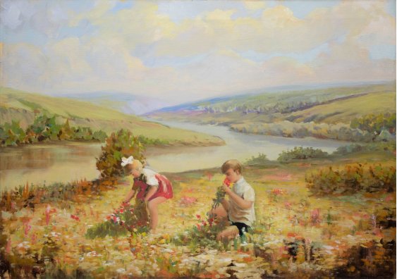 "Children collect wildflowers"