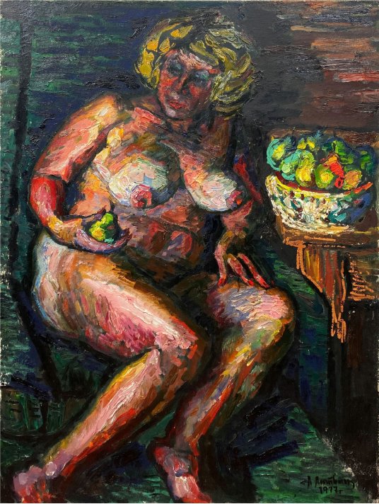 "Nude woman near a plate of fruit"