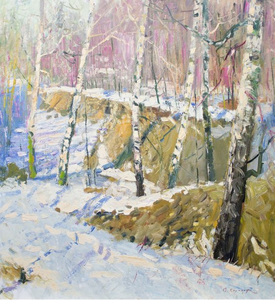 "Birch trees in a snowy forest"