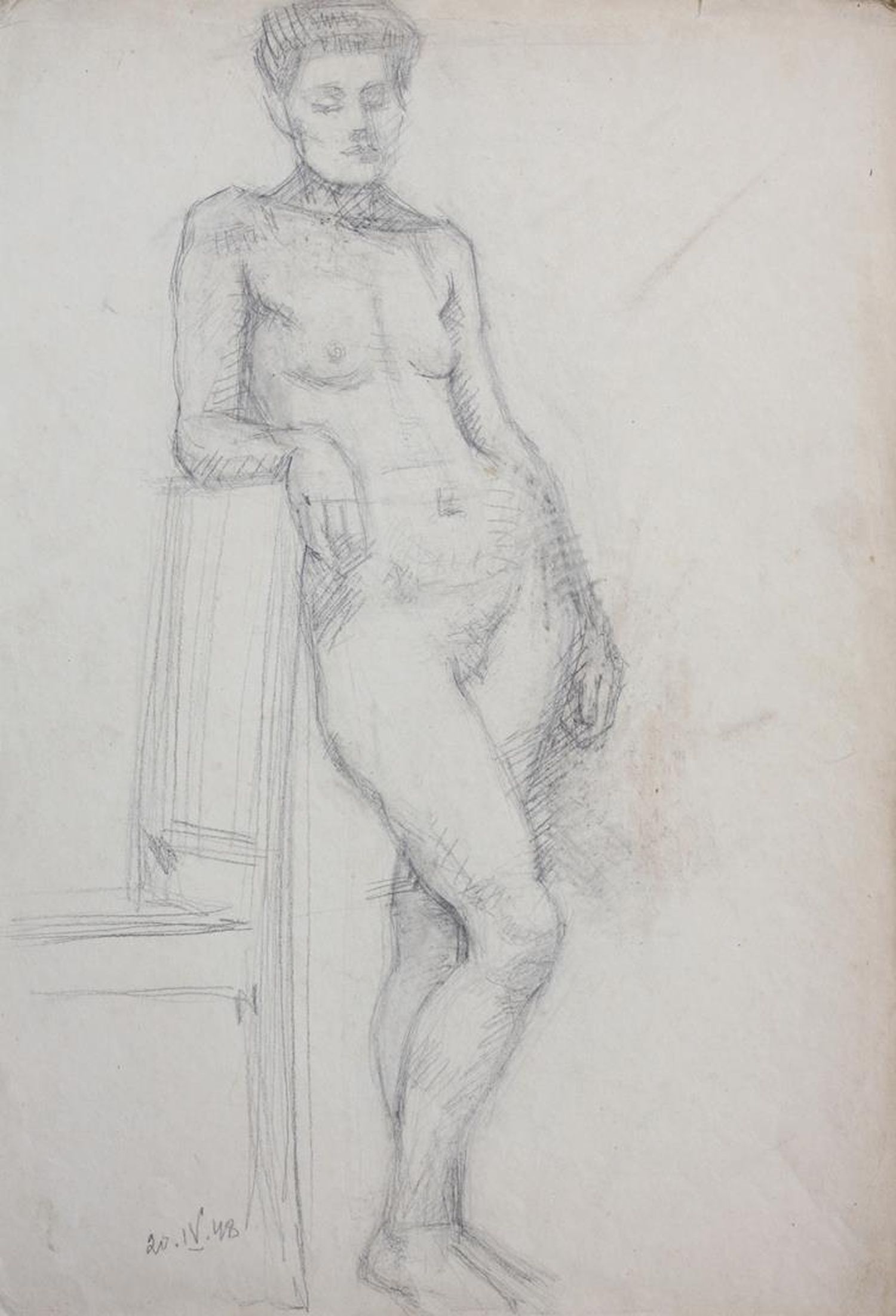 "Nude woman leaning on chair"